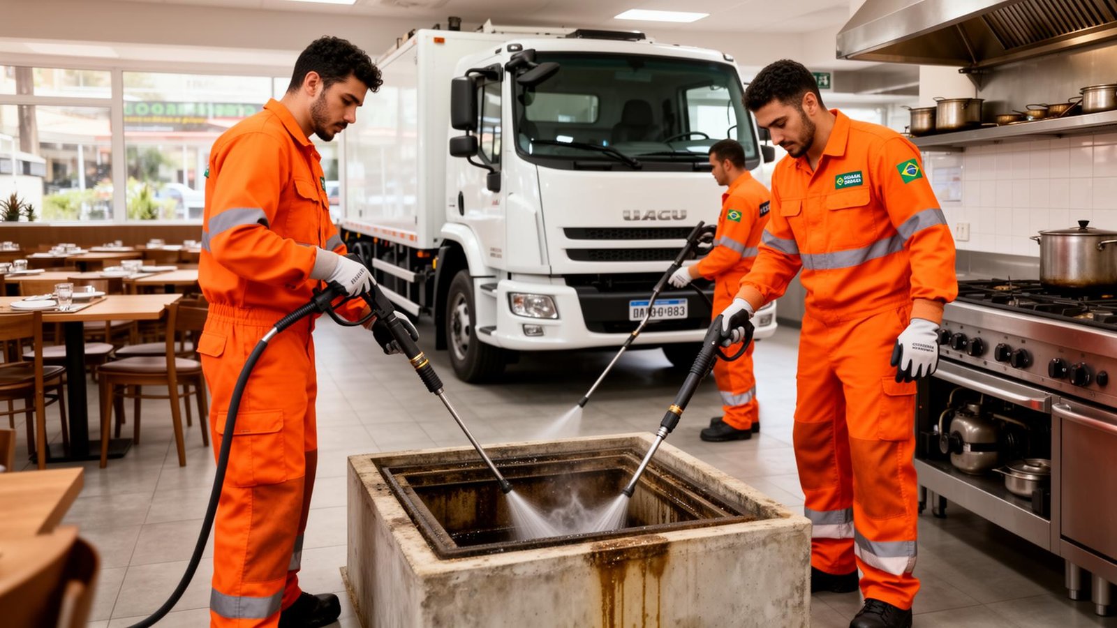 Limpeza de Caixa de Gordura em São Paulo - equipe profissional com hidrojateamento